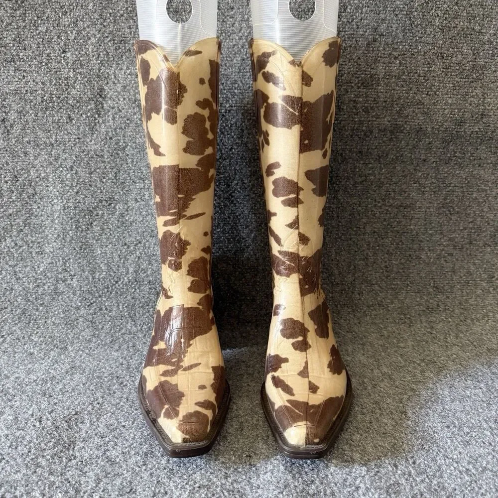 Donald J Pliner Western Equestrian Rain Boots Cow Print Brown Beige 8 Rubber